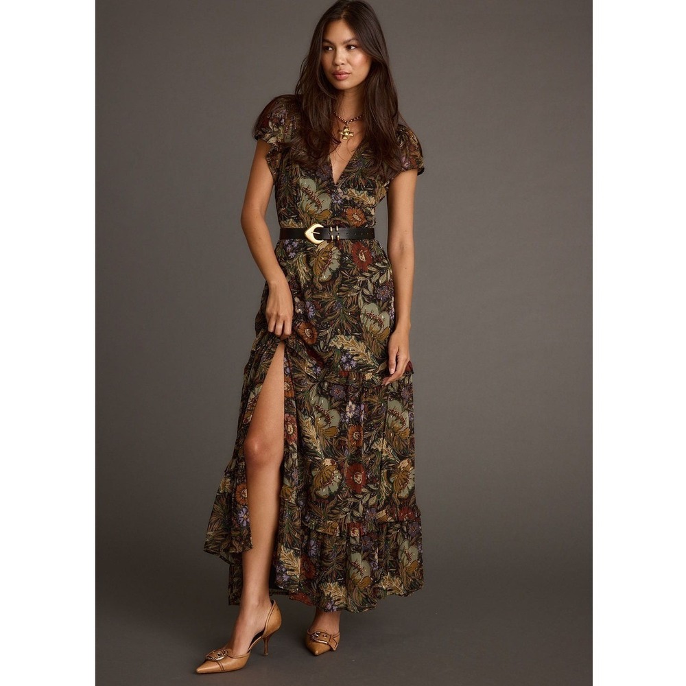 12th Tribe Sundance Floral Metallic Maxi Dress V-Neck Tiered Boho Large NEW